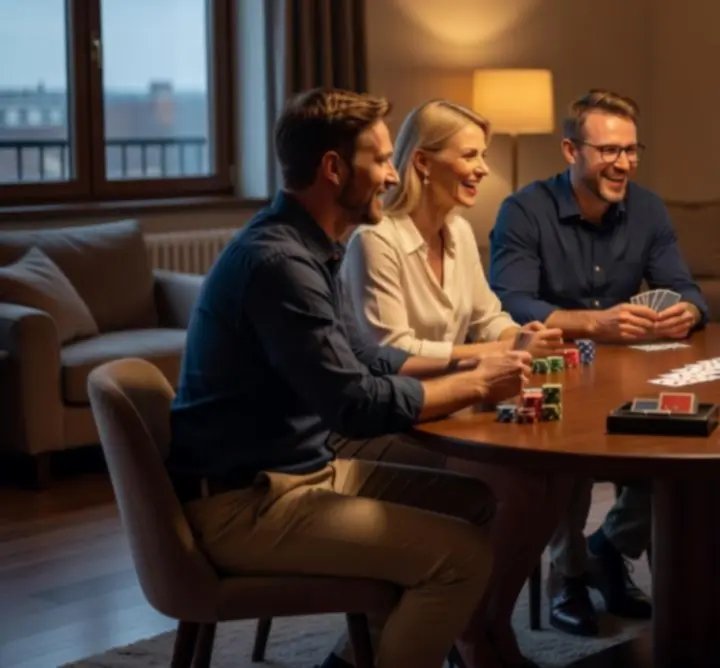 Grupa znajomych grająca w pokera podczas prywatnego wydarzenia